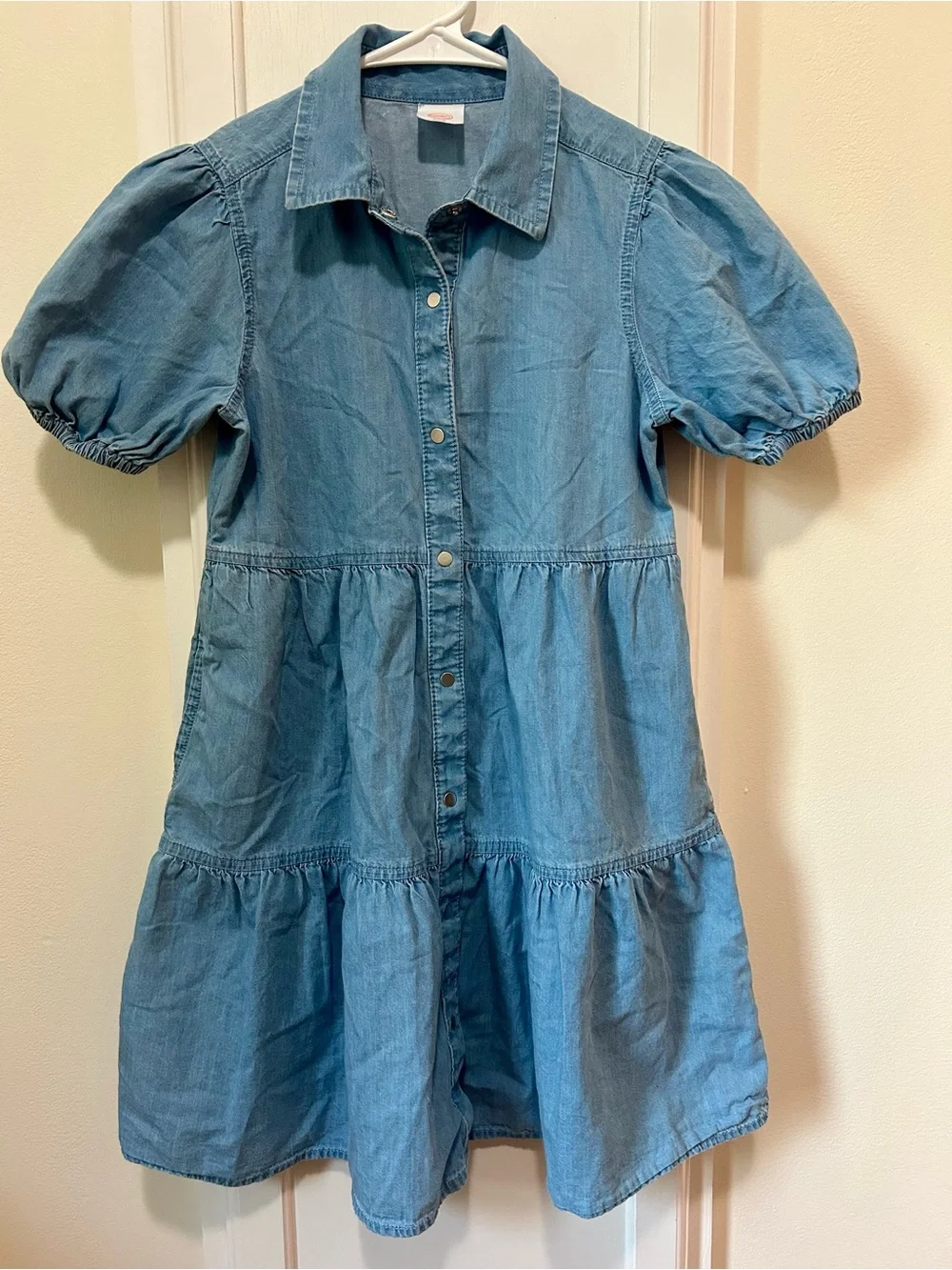Wonder Nation Girls Denim Tiered Shirt Dress Blue Chambray Puff Sleeve Sz M 7-8